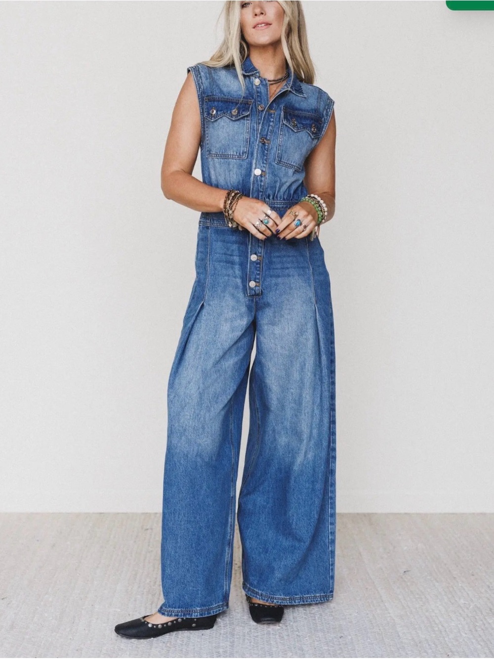 Wide-Leg Denim Jumpsuit Jeans - Blue